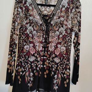#5 INC International Concepts Black Pink Long Sleeve Graphic Blouse